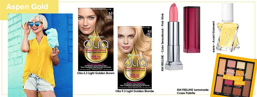 Blonde-haired girl in blue sunglasses and a yellow top, next to the Olia 6.3 Light Golden Brown and Olia 9.3 Light Golden Blonde hair colors, next to the Maybelline Color Sensational Lipstick in Pink Wink, the Essie Avant-Garment nail polish, and the Maybelline Lemonade Craze Eyeshadow Palette.